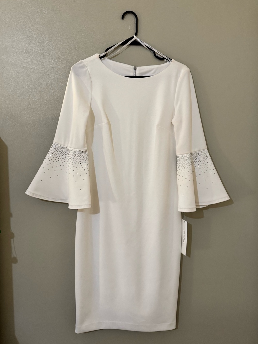 Calvin Klein Ivory Midi Dress with Rhinestone Bell Sleeves